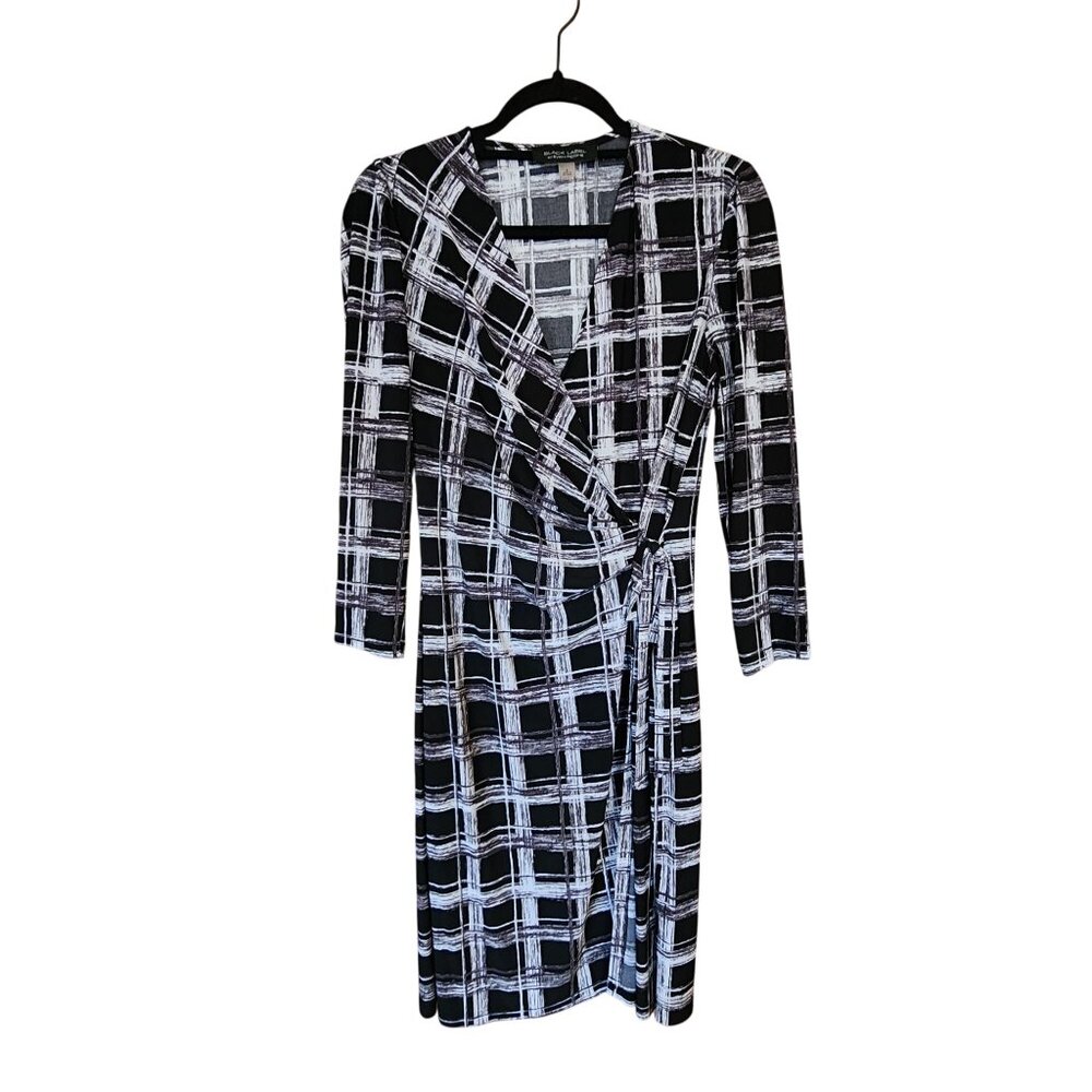 Black Label By Evan-Picone Black & White Plaid Wrap Dress Size 6 Womens 3/4 Slee